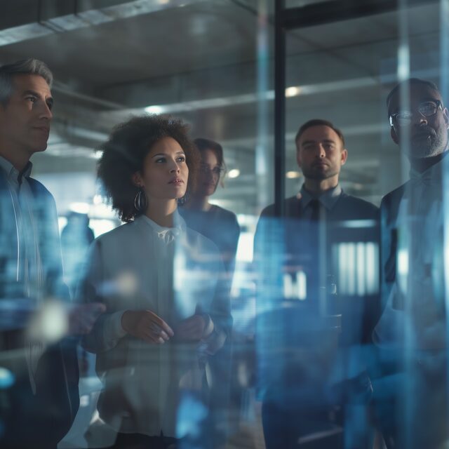 diverse team of professionals in modern glass office, brainstorming with digital screens and holograms, cinematic perspective, high-end business attire, natural lighting --ar 16:9 --raw --v 7 Job ID: 47b7e431-155a-409c-b9fb-126b3209622a